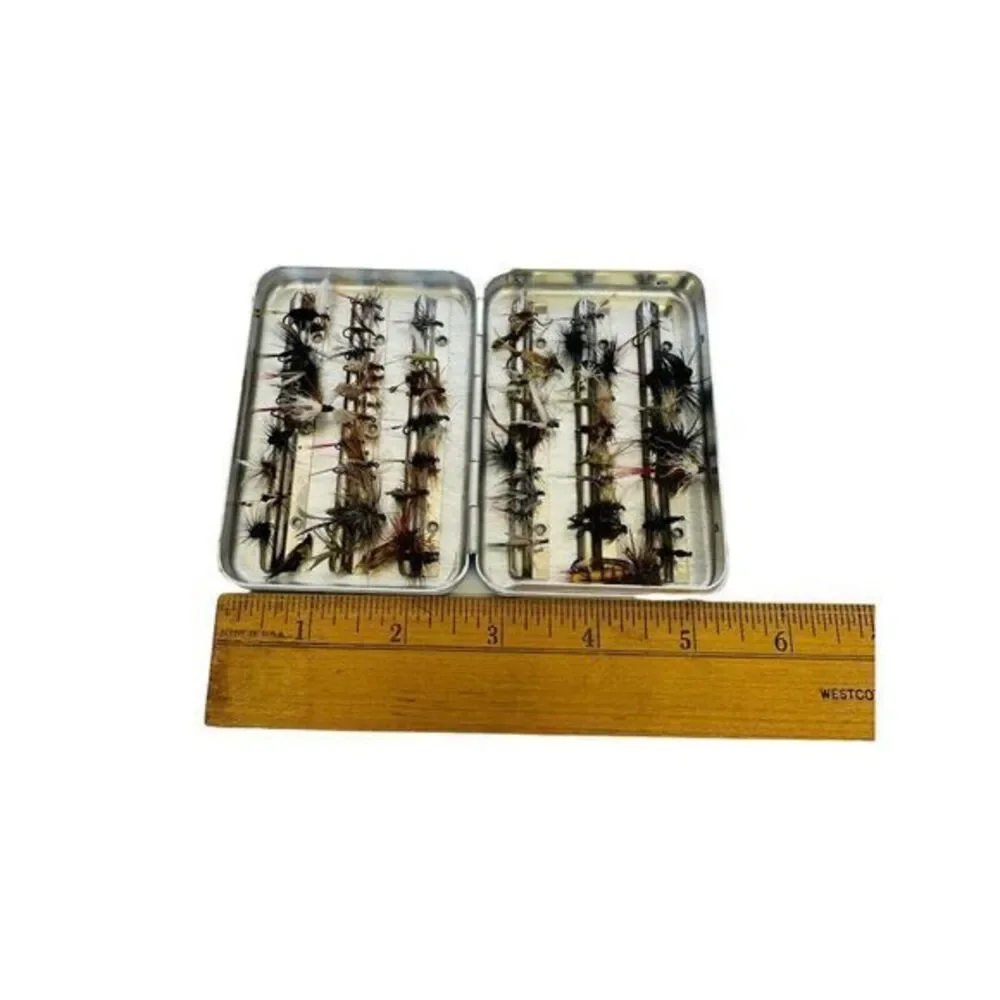Perrine #66 Aluminum Sterling Quality Tackle Fly Box W/Over 50 Flies Pocket Size